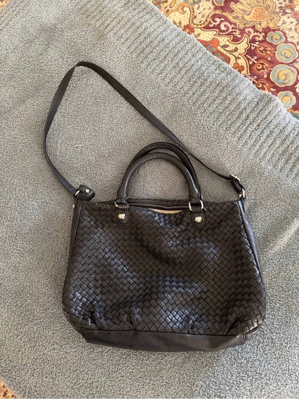 Elliott Lucca Black Woven Leather Satchel Crossbody Shoulder Bag